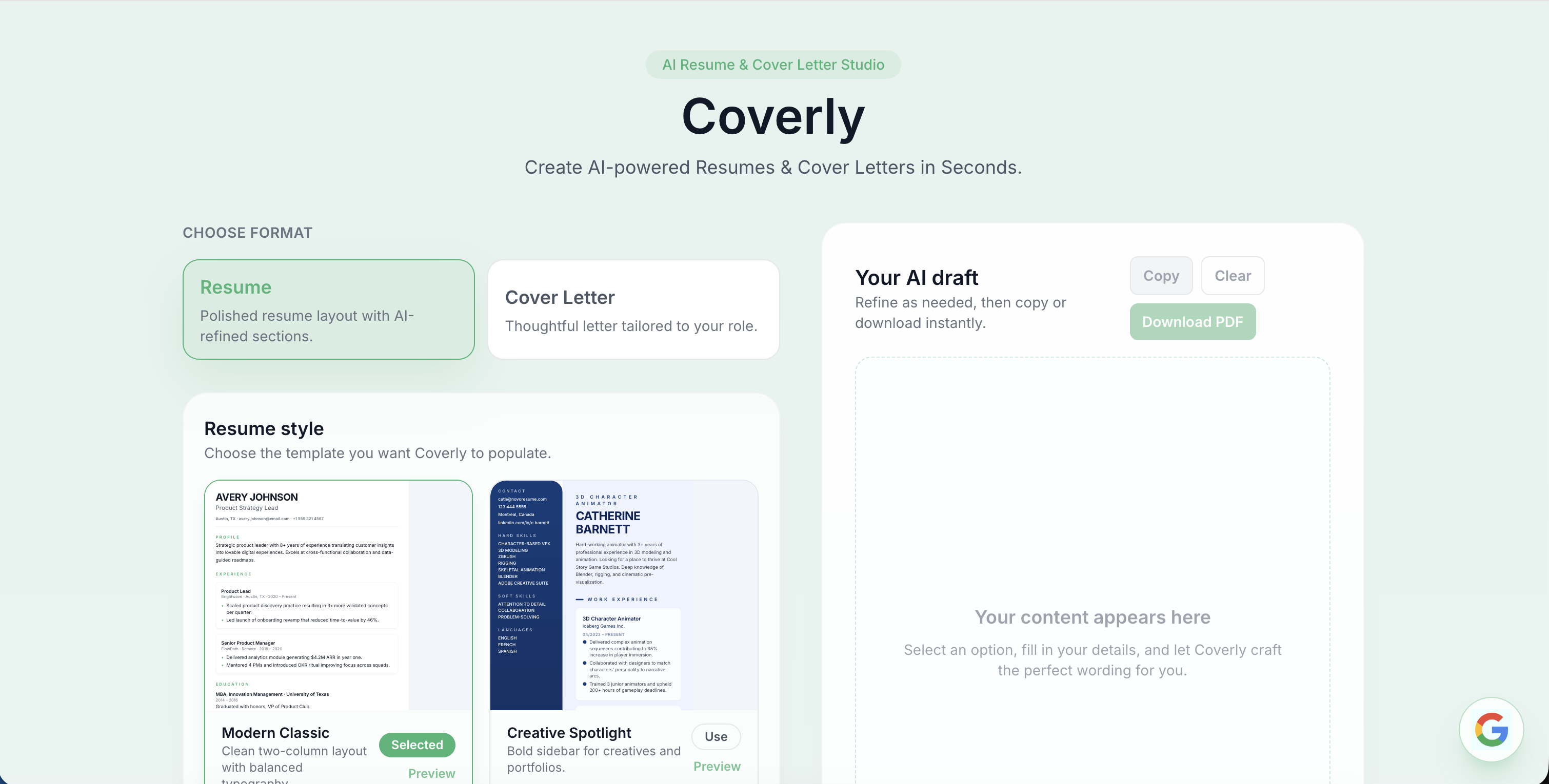 Coverly AI resume builder preview